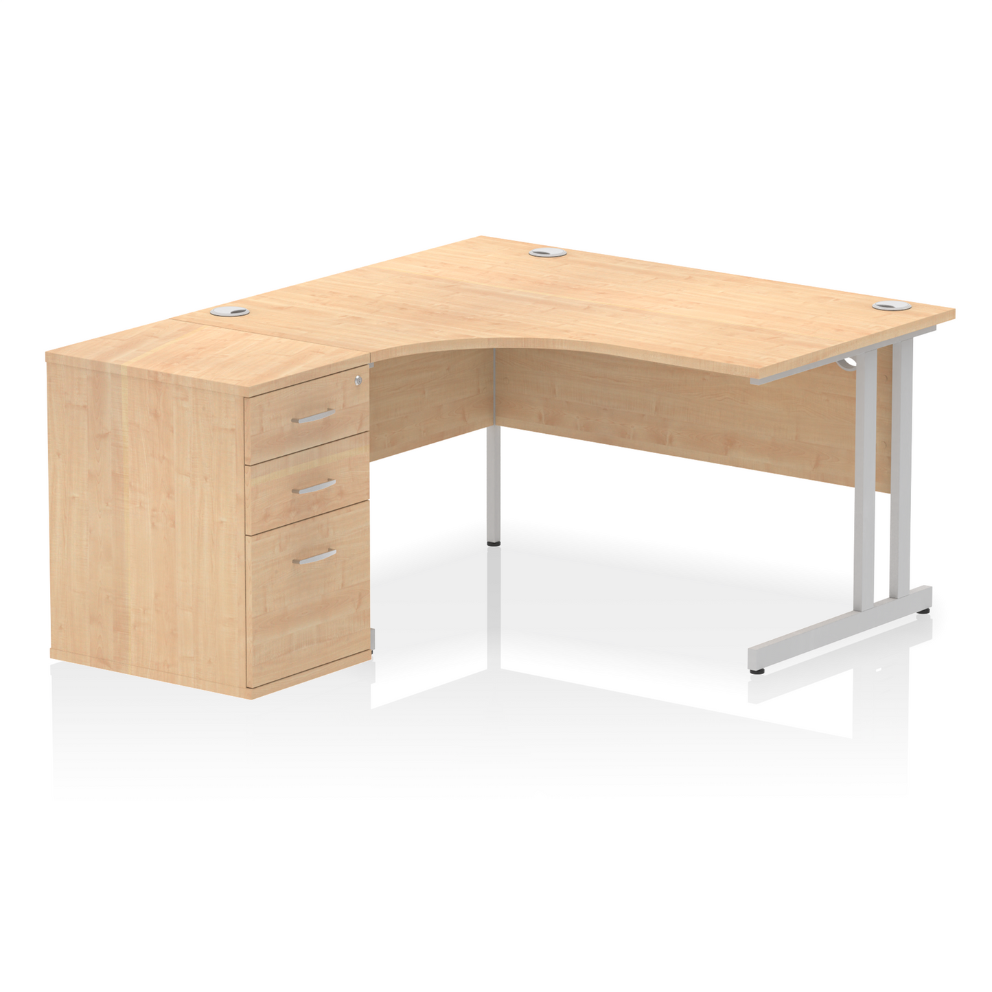 Impulse 1400mm Left Hand Curved Desk, Maple Top with Silver Cantilver Legs inc 3 Drawer Desk, High Pedestal