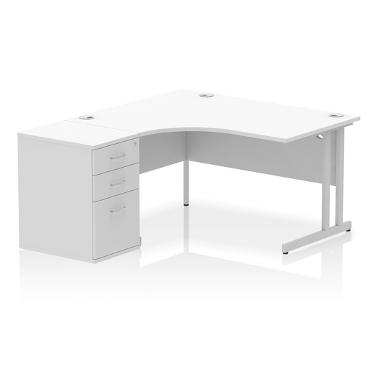 Impulse 1400mm Left Hand Curved Desk, White Top with Silver Cantilver Legs inc 3 Drawer Desk High Pedestal