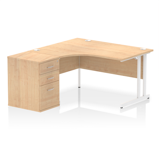 Impulse 1400mm Left Hand Curved Desk, Maple Top with White Cantilver Legs inc 3 Drawer Desk High Pedestal