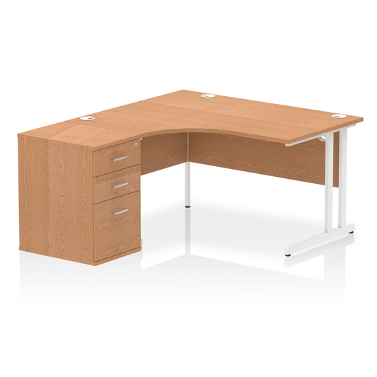 Impulse 1400mm Left Hand Curved Desk, Oak Top with White Cantilver Legs inc 3 Drawer Desk High Pedestal