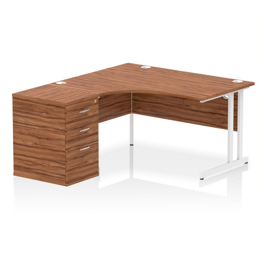 Impulse 1400mm Left Hand Curved Desk, Walnut Top with White Cantilver Legs inc 3 Drawer Desk High Pedestal