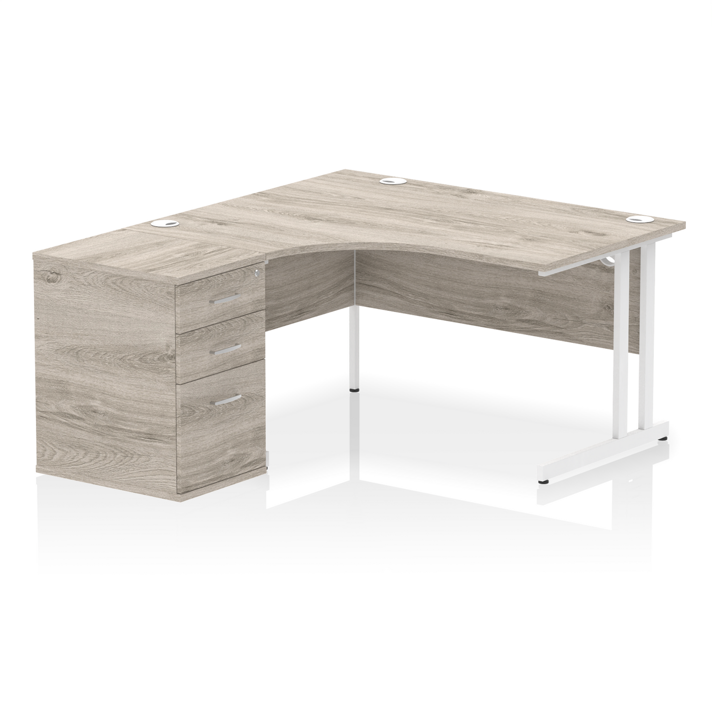 Impulse 1400mm Left Hand Curved Desk, Grey Oak Top with White Cantilver Legs inc 3 Drawer Desk High Pedestal