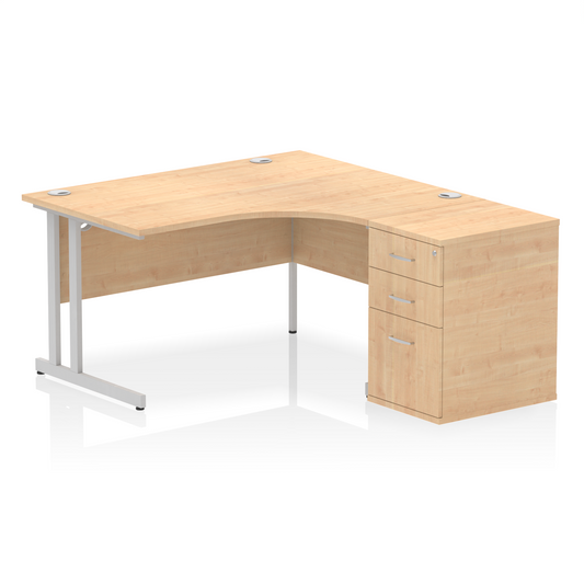 Impulse 1400mm Right Hand Curved Desk, Maple Top with Silver Cantilver Legs inc 3 Drawer Desk, High Pedestal