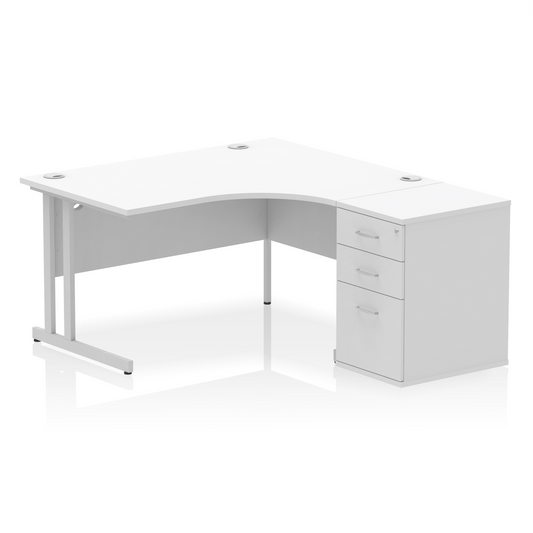 Impulse 1400mm Right Hand Curved Desk, White Top with Silver Cantilver Legs inc 3 Drawer Desk High Pedestal