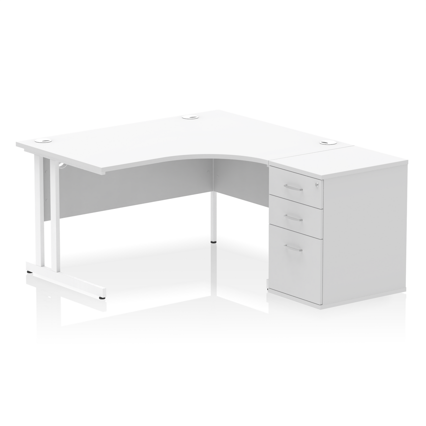 Impulse 1400mm Right Hand Curved Desk, White Top with White Cantilver Legs inc 3 Drawer Desk High Pedestal
