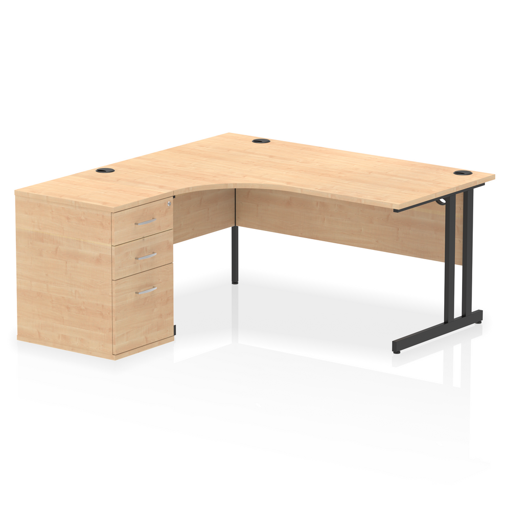 Impulse 1600mm Left Hand Curved Desk, Maple Top with Black Cantilver Legs inc 3 Drawer Desk, High Pedestal
