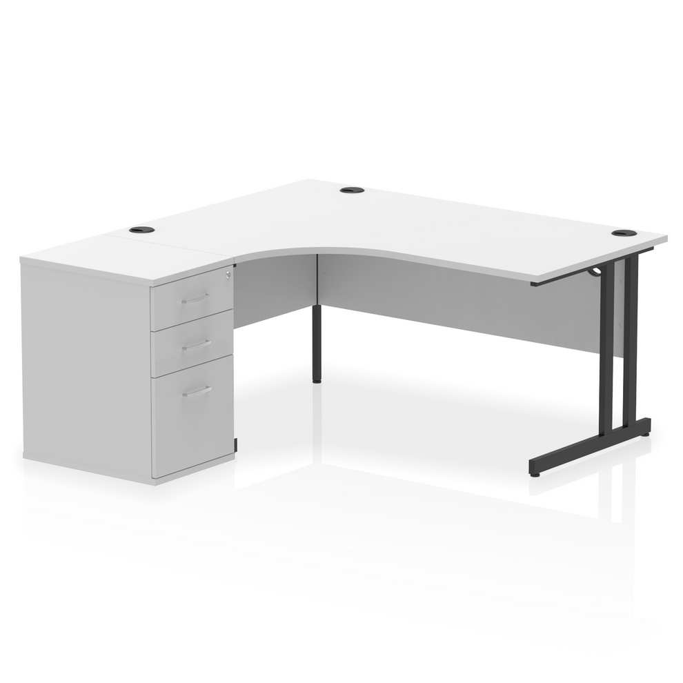 Impulse 1600mm Left Hand Curved Desk, White Top with Black Cantilver Legs inc 3 Drawer Desk High Pedestal