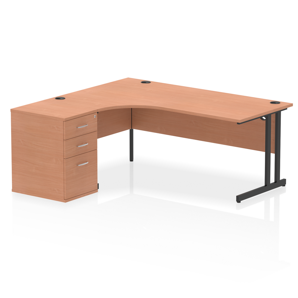 Impulse 1800mm Left Hand Curved Desk, Beech Top with Black Cantilver Legs inc 3 Drawer Desk High Pedestal