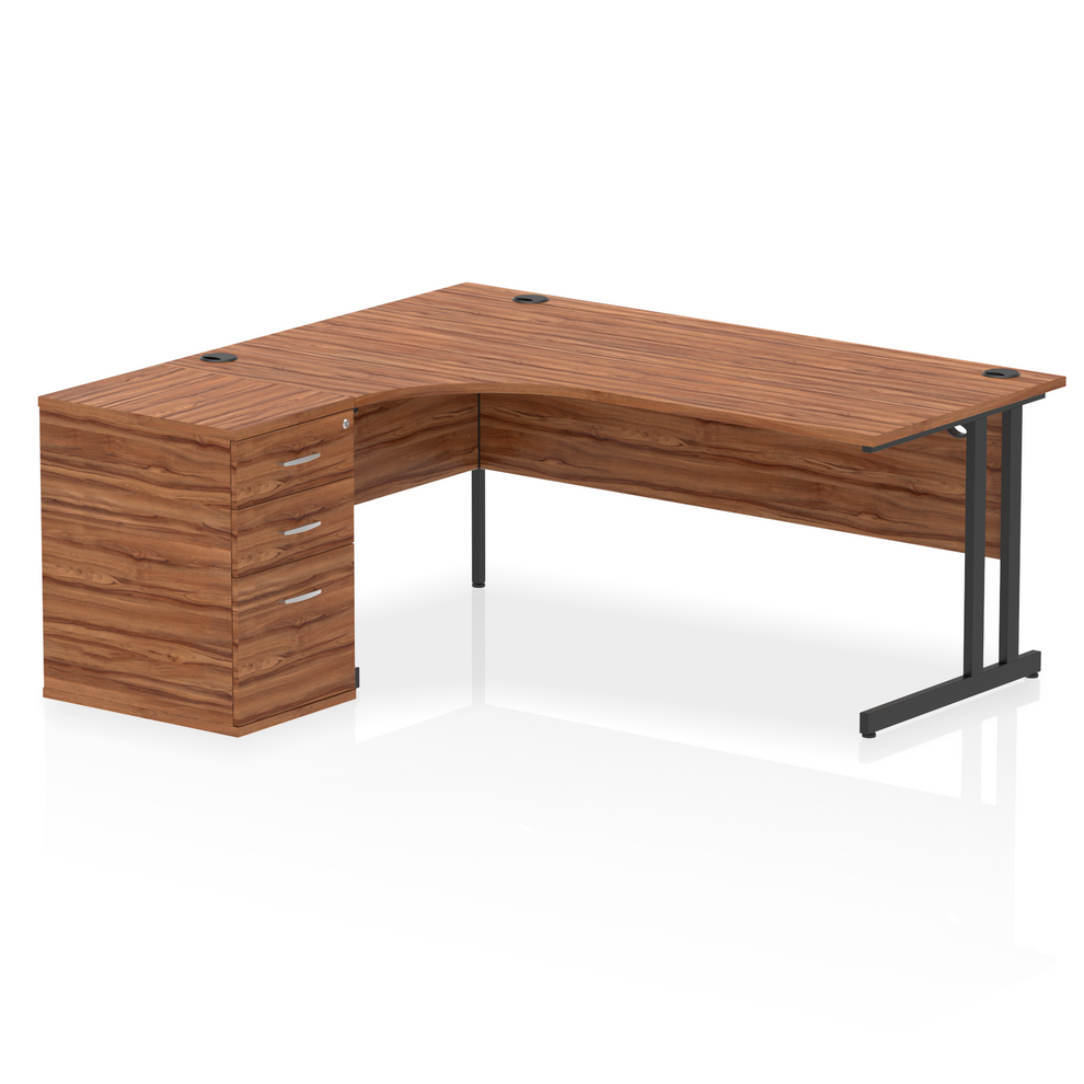 Impulse 1800mm Left Hand Curved Desk, Walnut Top with Black Cantilver Legs inc 3 Drawer Desk High Pedestal