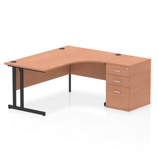 Impulse 1600mm Right Hand Curved Desk, Beech Top with Black Cantilver Legs inc 3 Drawer Desk High Pedestal