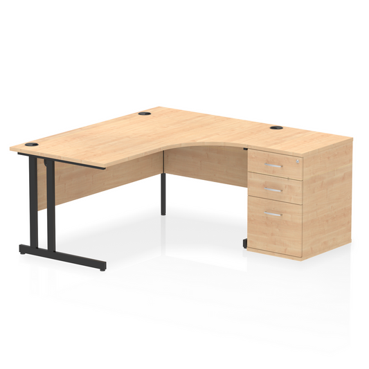 Impulse 1600mm Right Hand Curved Desk, Maple Top with Black Cantilver Legs inc 3 Drawer Desk, High Pedestal