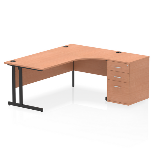 Impulse 1800mm Right Hand Curved Desk, Beech Top with Black Cantilver Legs inc 3 Drawer Desk High Pedestal