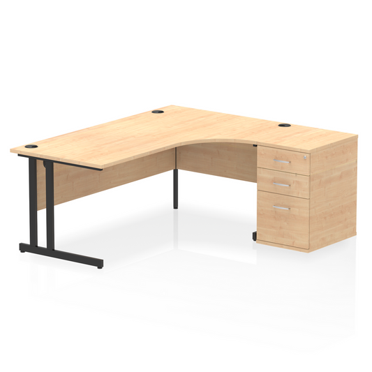 Impulse 1800mm Right Hand Curved Desk, Maple Top with Black Cantilver Legs inc 3 Drawer Desk, High Pedestal