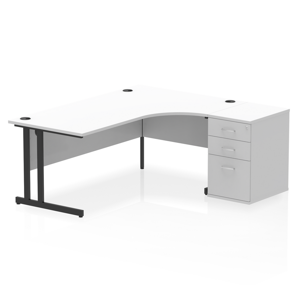 Impulse 1800mm Right Hand Curved Desk, White Top with Black Cantilever Legs inc 3 Drawer Desk High Pedestal