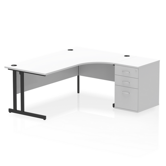 Impulse 1800mm Right Hand Curved Desk, White Top with Black Cantilever Legs inc 3 Drawer Desk High Pedestal