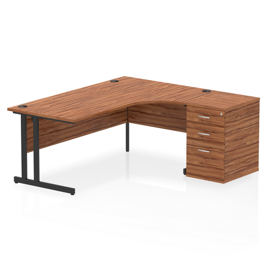 Impulse 1800mm Right Hand Curved Desk, Walnut Top with Black Cantilver Legs inc 3 Drawer Desk High Pedestal