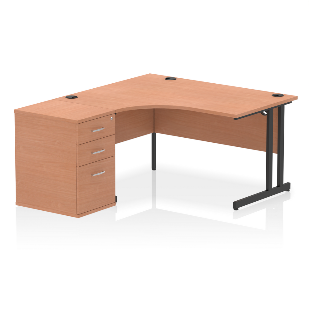 Impulse 1400mm Left Hand Curved Desk, Beech Top with Black Cantilever Legs inc 3 Drawer Desk High Pedestal