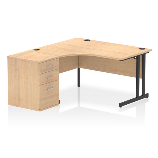 Impulse 1400mm Left Hand Curved Desk, Maple Top with Black Cantilver Legs inc 3 Drawer Desk, High Pedestal