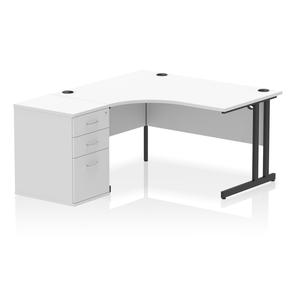 Impulse 1400mm Left Hand Curved Desk, White Top with Black Cantilver Legs inc 3 Drawer Desk High Pedestal