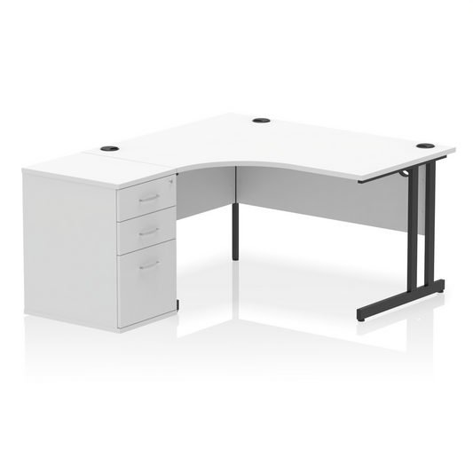 Impulse 1400mm Left Hand Curved Desk, White Top with Black Cantilver Legs inc 3 Drawer Desk High Pedestal