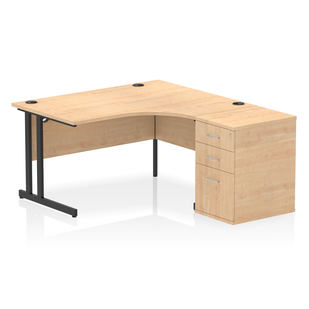 Impulse 1400mm Right Hand Curved Desk, Maple Top with Black Cantilver Legs inc 3 Drawer Desk, High Pedestal