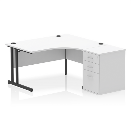 Impulse 1400mm Right Hand Curved Desk, White Top with Black Cantilver Legs inc 3 Drawer Desk High Pedestal