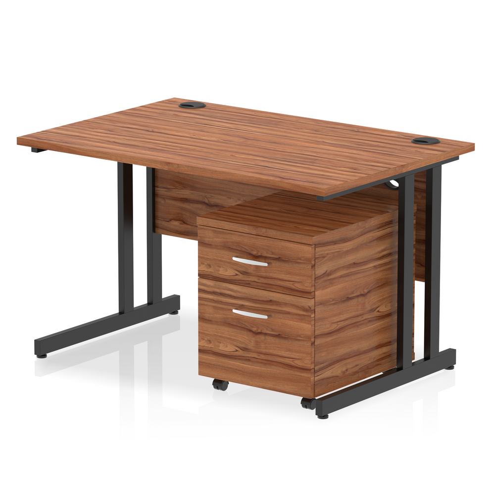 Walnut straight desk with drawers on a white background