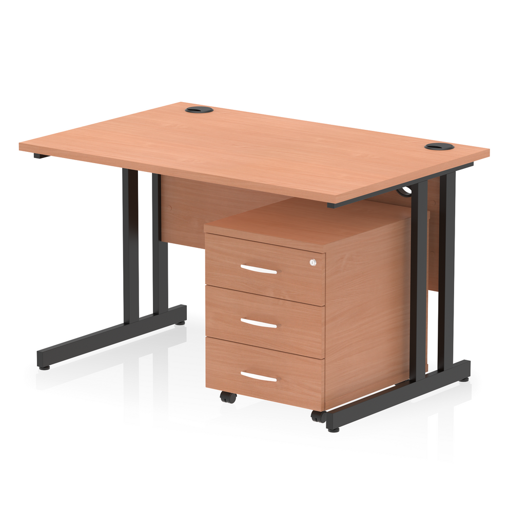 Beech straight desk with drawers on a white background