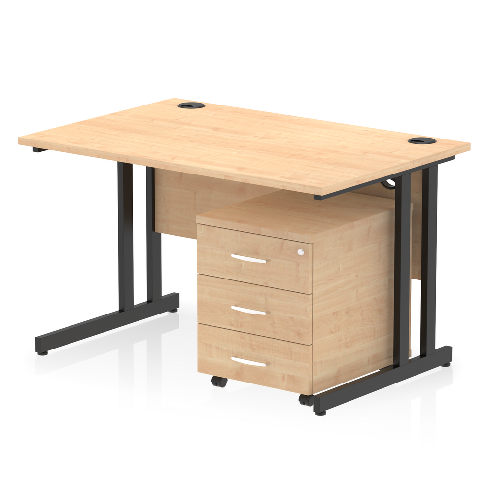 Maple straight desk with drawers on a white background