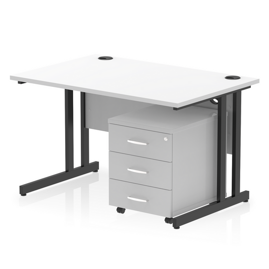 Impulse 1200x800mm Straight Desk, White Top with Black Cantilever Legs inc 3 Drawer Mobile Pedestal