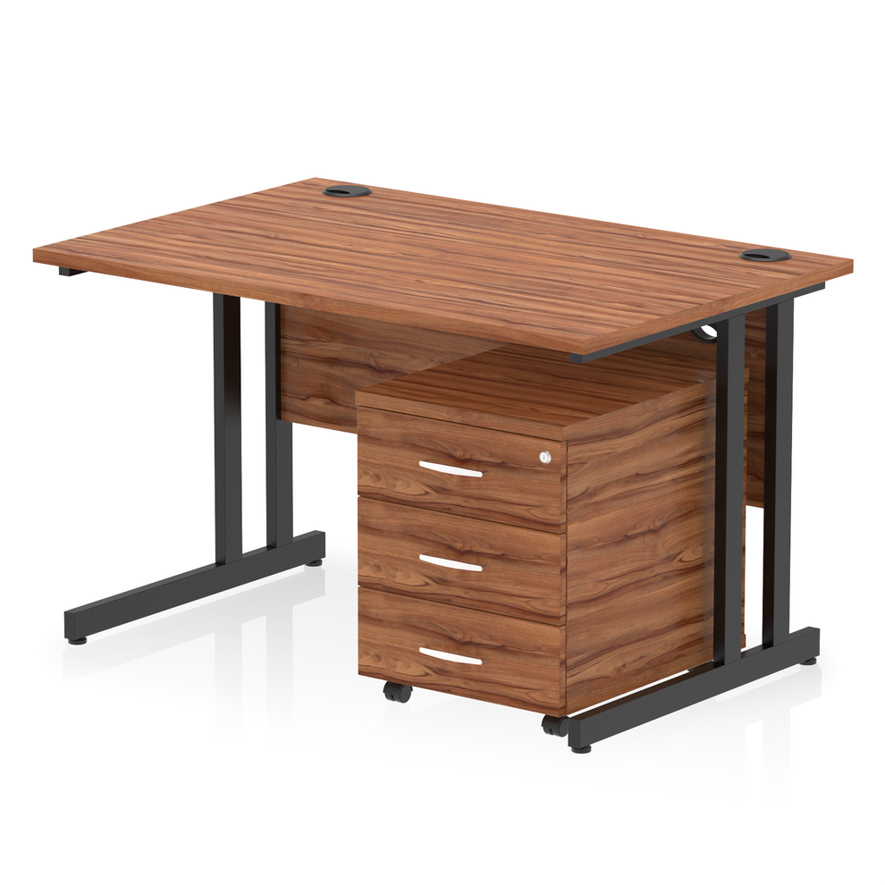 Walnut straight desk with drawers on a white background