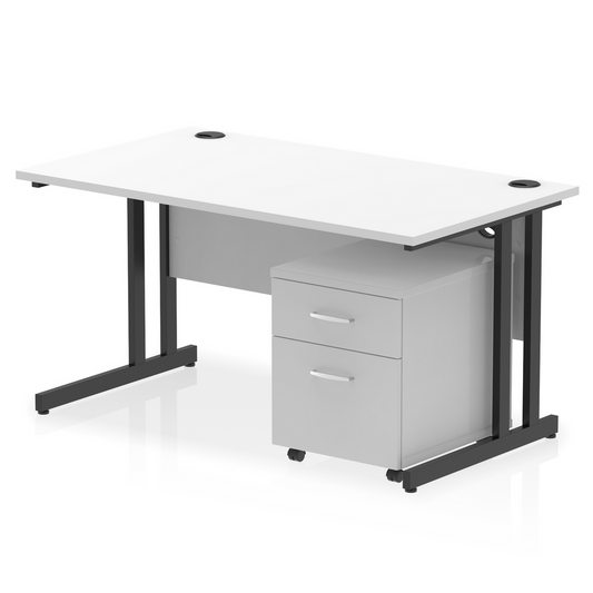 Impulse 1400x800mm Straight Desk, White Top with Black Cantilever Legs inc 2 Drawer Mobile Pedestal
