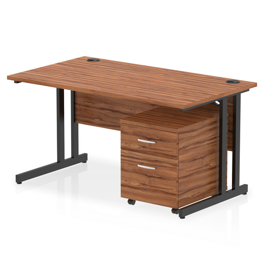Impulse 1400x800mm Straight Desk, Walnut Top with Black Cantilever Legs inc 2 Drawer Mobile Pedestal