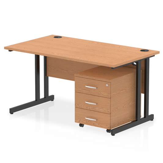 Impulse 1400x800mm Straight Desk, Oak Top with Black Cantilever Legs inc 3 Drawer Mobile Pedestal