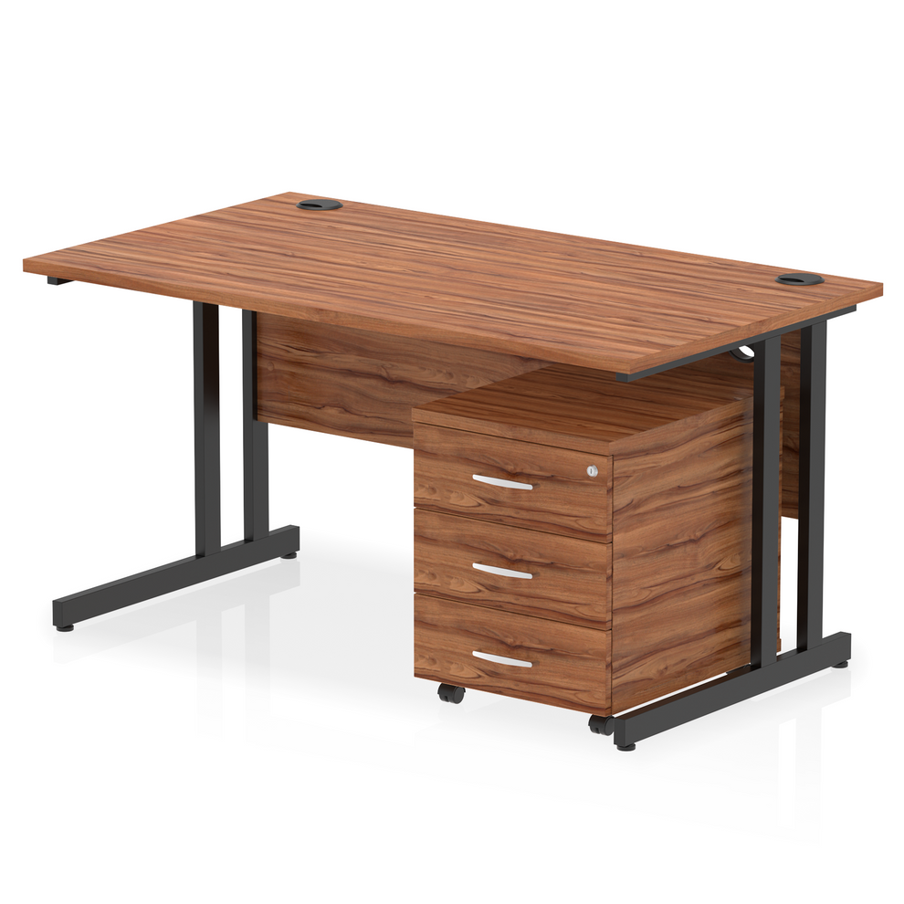 Walnut straight desk with drawers on a white background