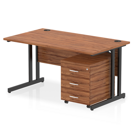 Impulse 1400x800mm Straight Desk, Walnut Top with Black Cantilever Legs inc 3 Drawer Mobile Pedestal