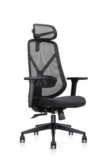 Black office chair with mesh backrest on a white background