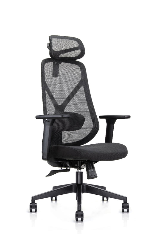 Black office chair with mesh backrest on a white background
