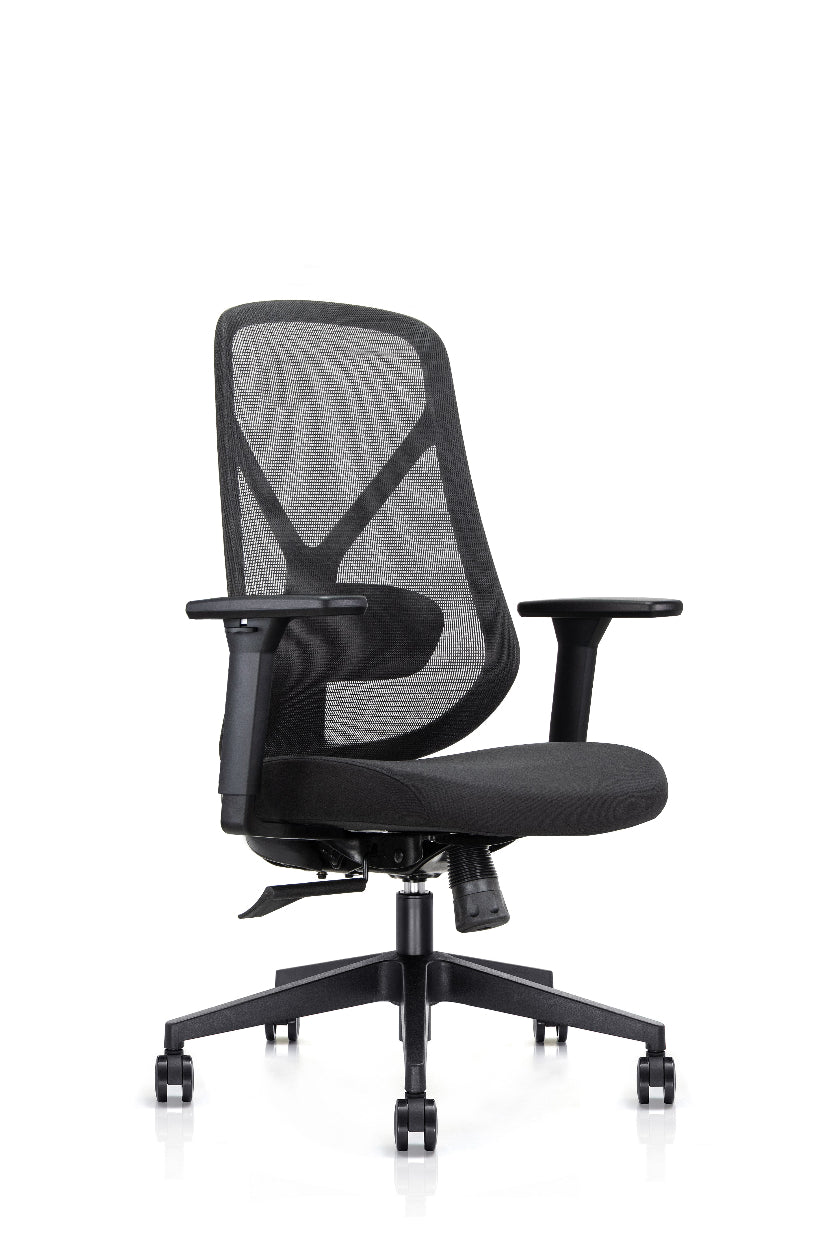 Black office chair with mesh back on a white background