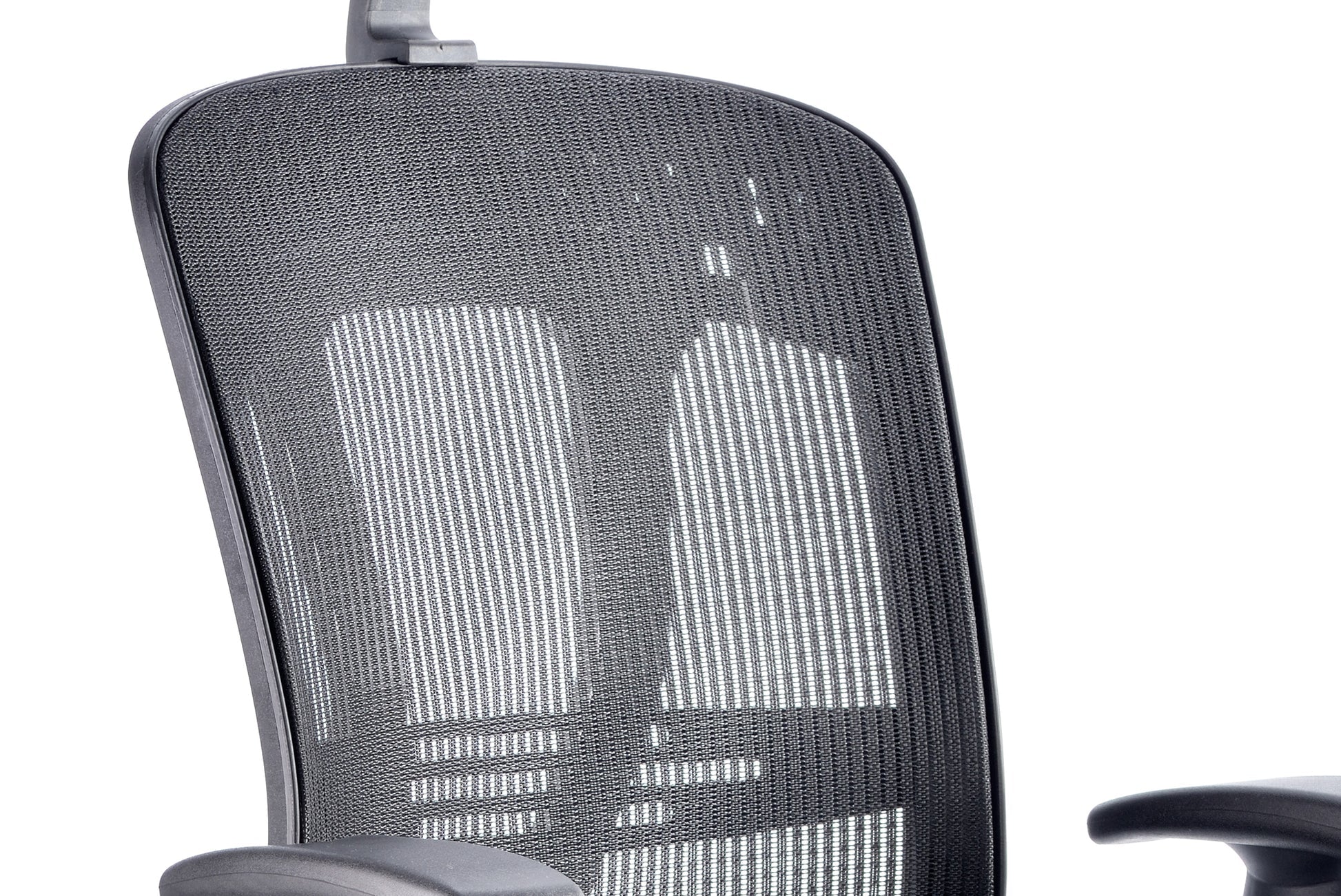 Black office chair with mesh back on a white background