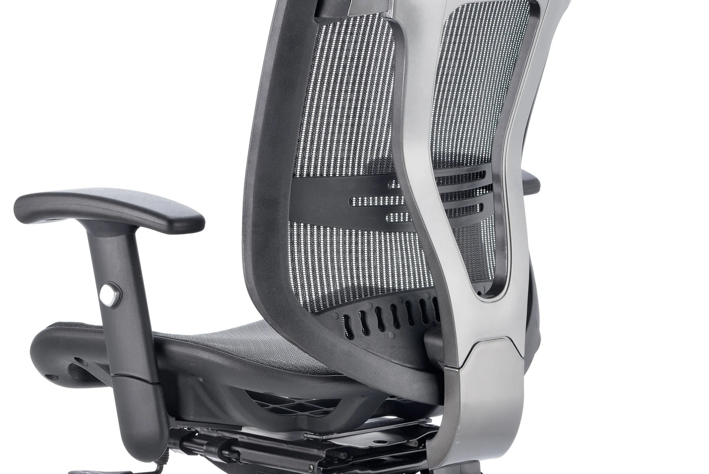 Black office chair with mesh back on a white background