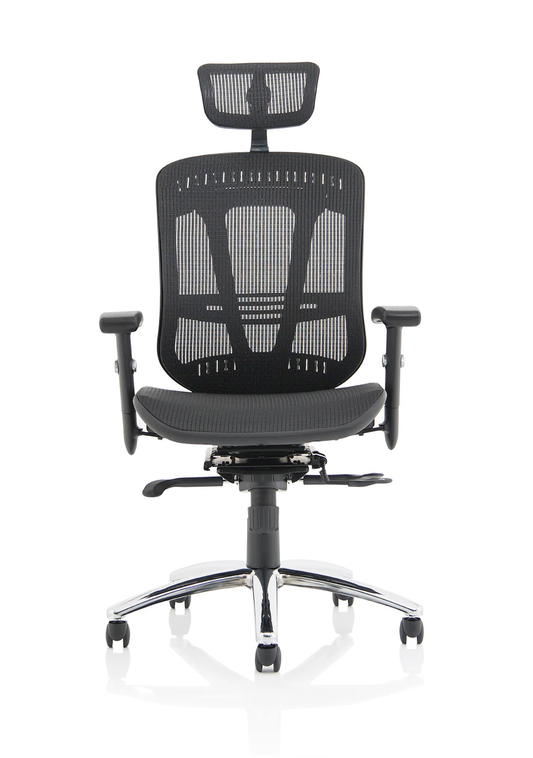 Black mesh back office chair on a white background