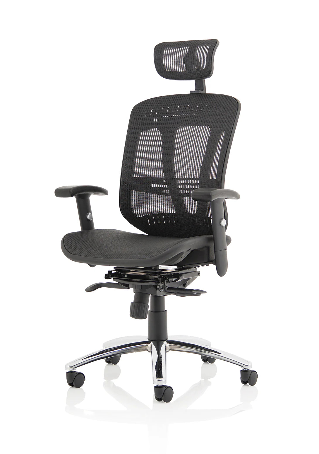 Black mesh back office chair on a white background