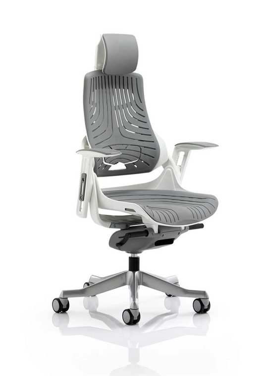 Zure High Back White Shell Executive Chair, Height Adj Arms & Headrest Grey D.S.