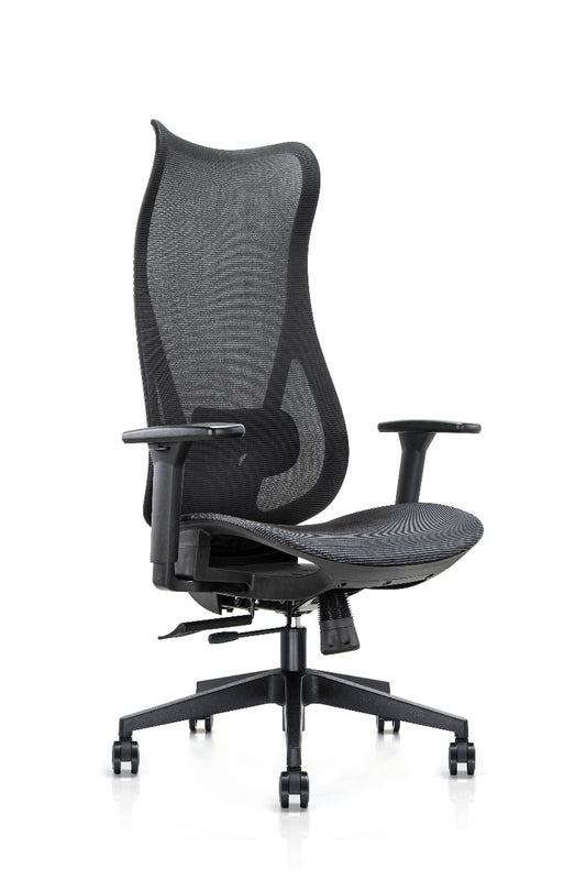 Black office chair with mesh backrest on a white background