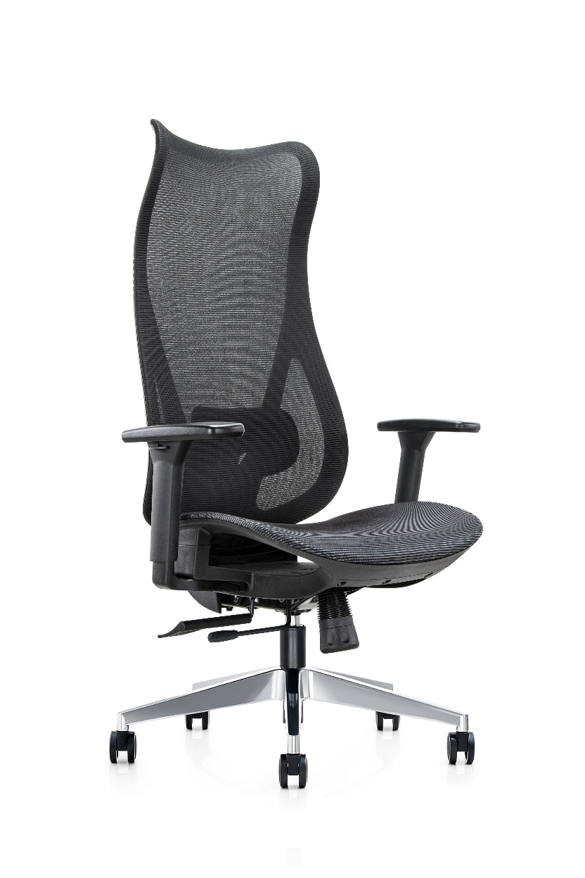 Gray office chair with mesh back on a white background