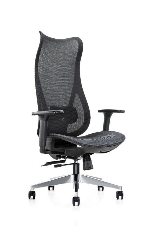 Gray office chair with mesh back on a white background