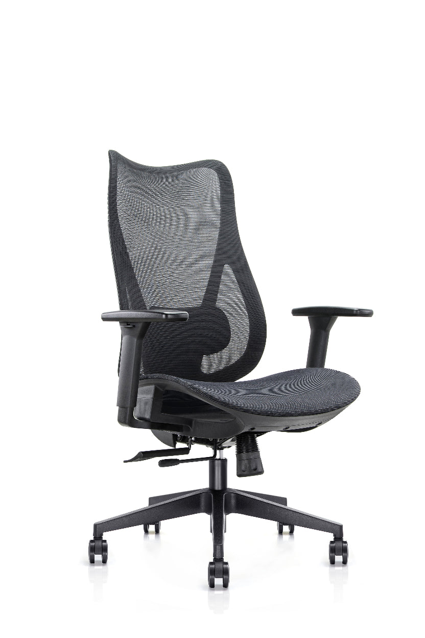 Black office chair with mesh back on a white background