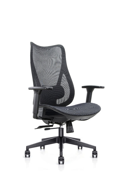 Black office chair with mesh back on a white background