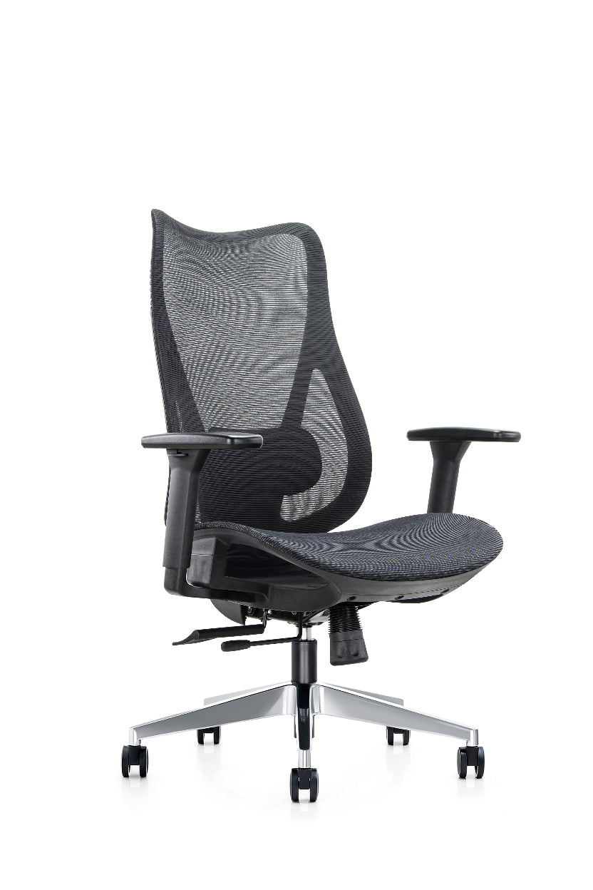 Black office chair with mesh back and armrests on a white background